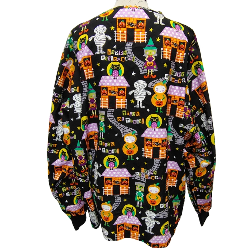 Womens Halloween Themed Long Sleeve Scrub Top Jacket Fall Workwear Nurse Playful - Picture 3 of 6